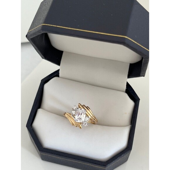 Vintage Ring Size 5 Cubic Zirconia Solitaire 14K Gold Plate Mid-Century MCM 14R - Picture 7 of 12